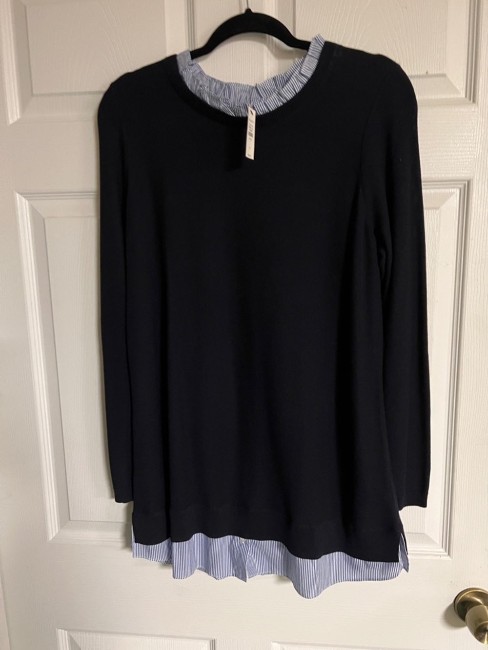Talbots Navy Sweater with Blue Stripe Collar and Hem